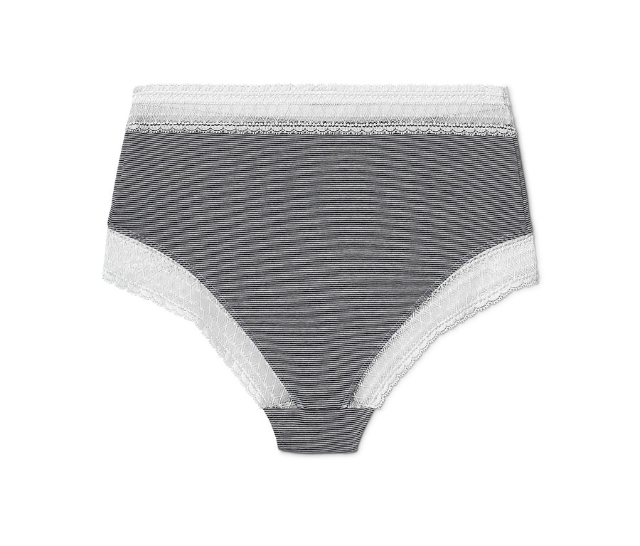 Eine grau-weiss gestreifte Bodyforming-Panty mit weisser Spitze.