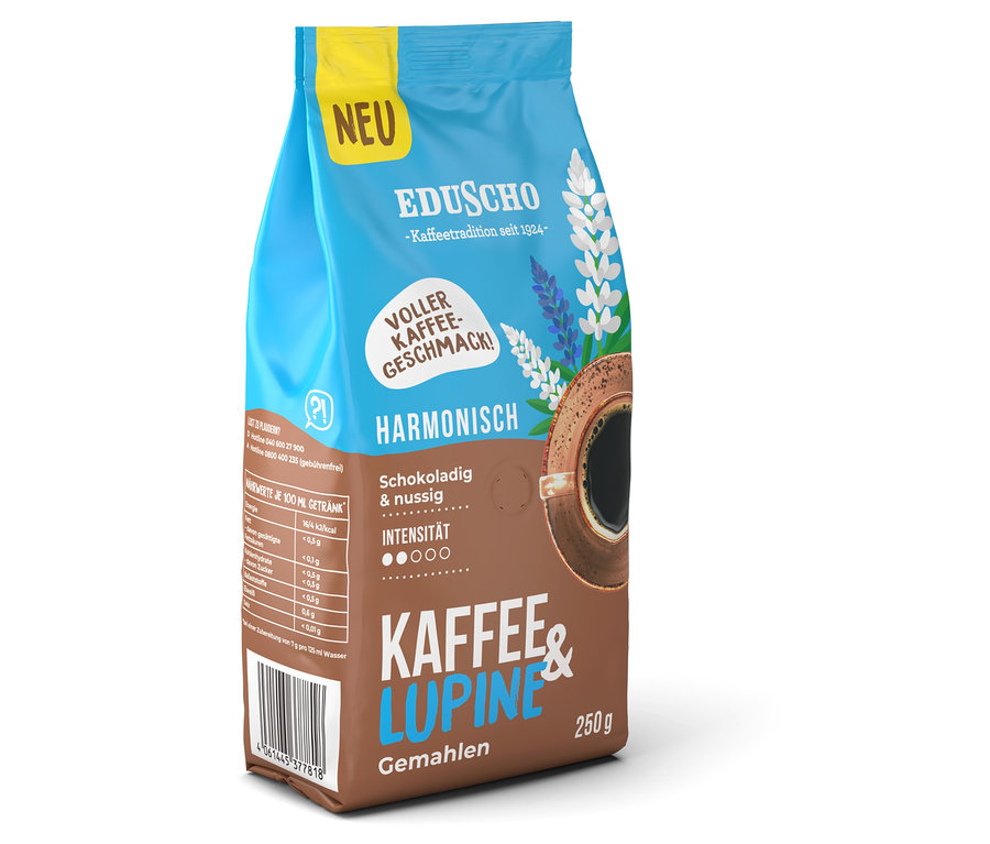 Eine Packung Eduscho Kaffee & Lupine, gemahlen.