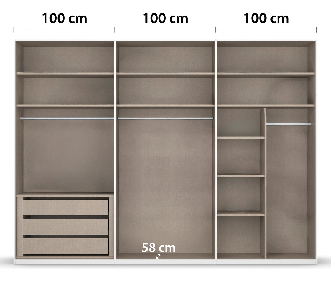 Innenansicht eines Kleiderschranks mit Regalen, Schubladen und Kleiderstangen.