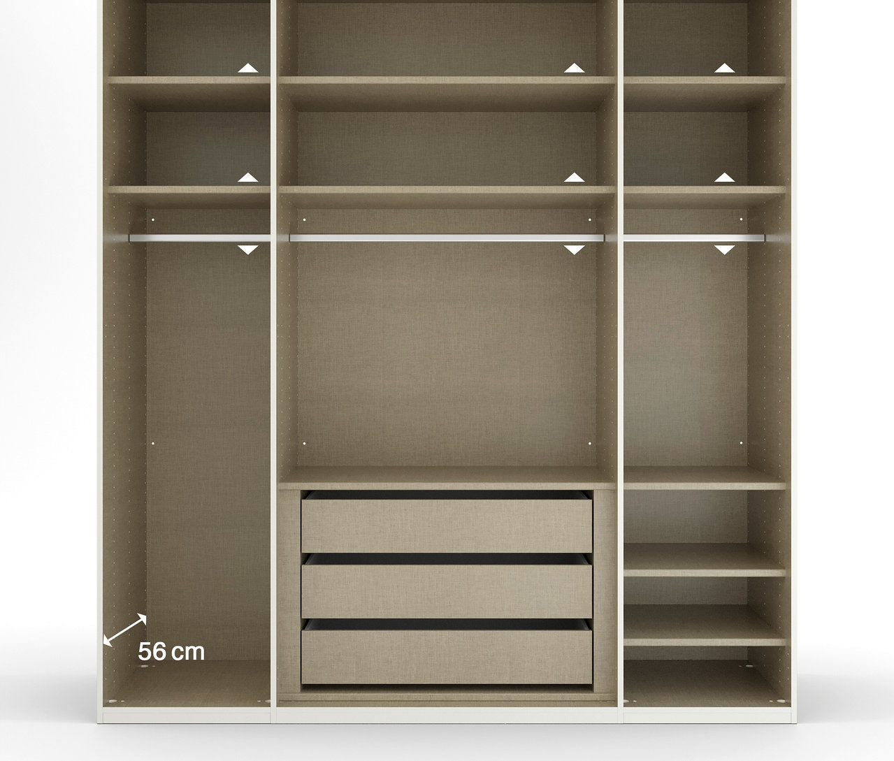 Innenansicht des champagnerfarbenen, 4-türigen Rauch Schrank »Skat Shine« mit Regalen und Schubladen.