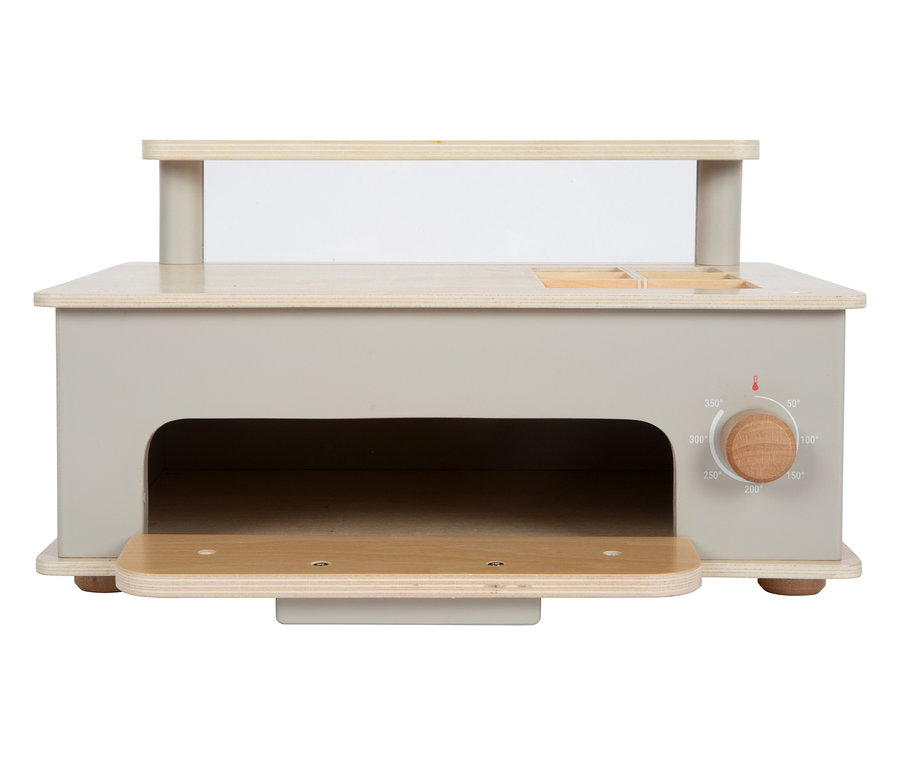 Ein grauer Spielzeugofen aus Holz mit einem Knopf an der Seite.