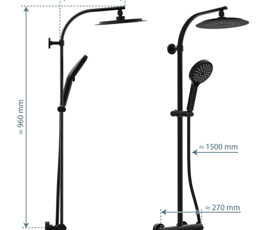 Zwei schwarze Überkopfbrause-Sets »Madura Fresh« nebeneinander mit markierten Abmessungen.