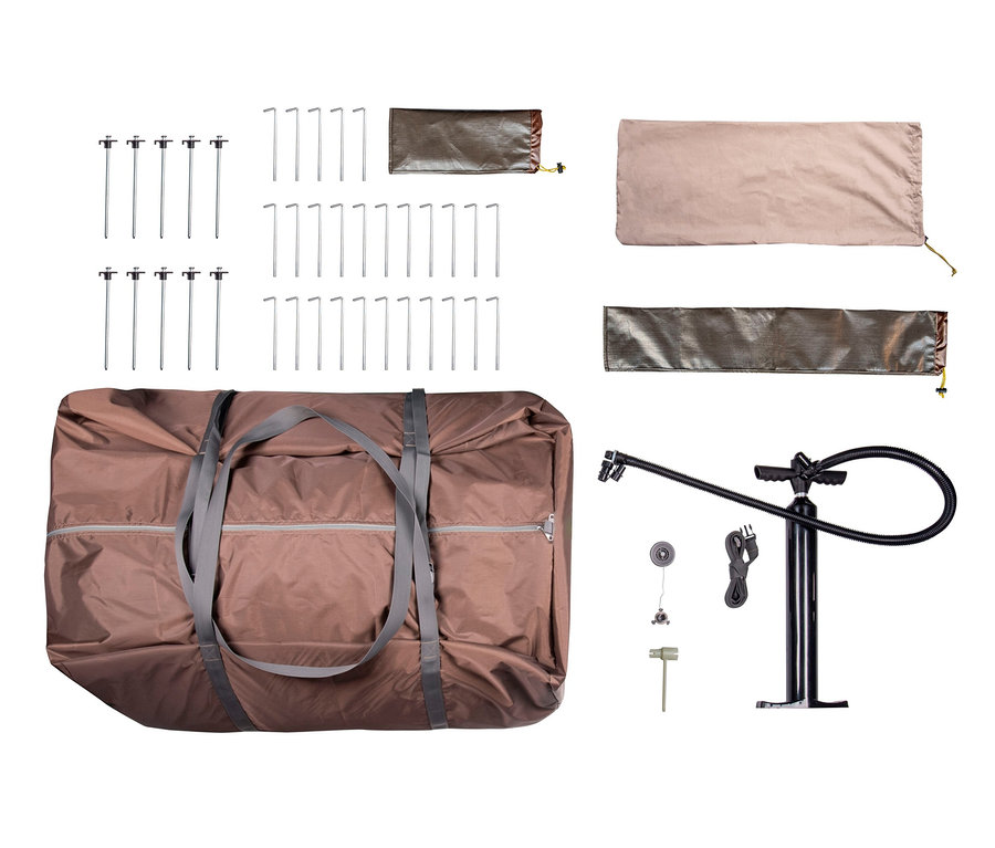 Ausgebreitetes braunes Tambu 4-Personen-Zelt mit Zubehör.
