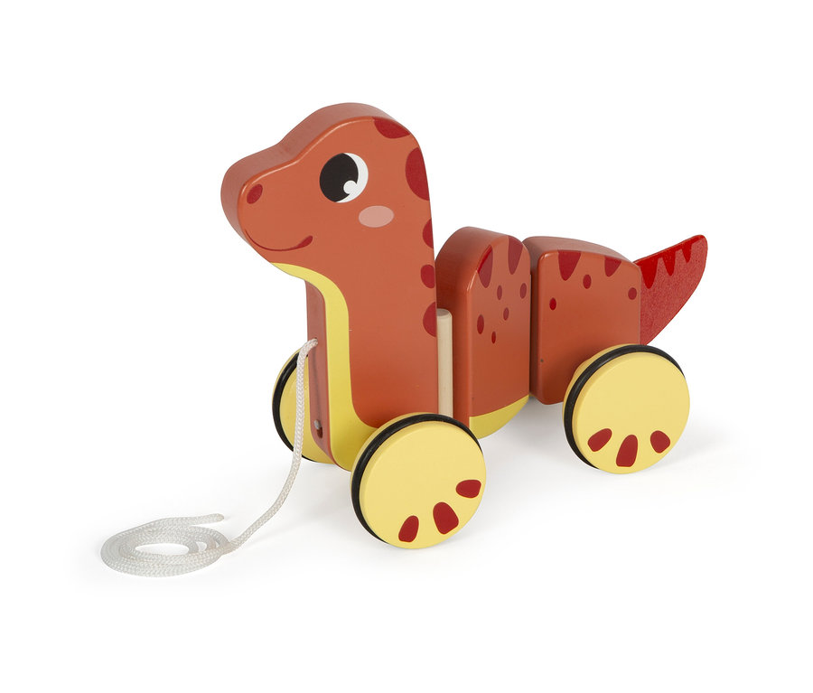 small foot Set Nachziehtier, Holzbausteine und Motorikschleife »Dino«: Ein braunes Dinosaurier-Spielzeug aus Holz mit Rädern und einer Schnur.