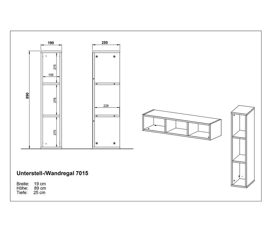 Schwarz-weiße Zeichnung von Alkmaar Unterstell-/Wandregalen mit Abmessungen.