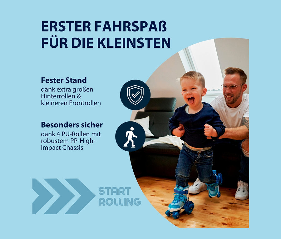 Ein Junge fährt auf HUDORA Rollschuhen »My First Quad«, Gr. 30–33, cyan, während ein Mann ihn sichert.