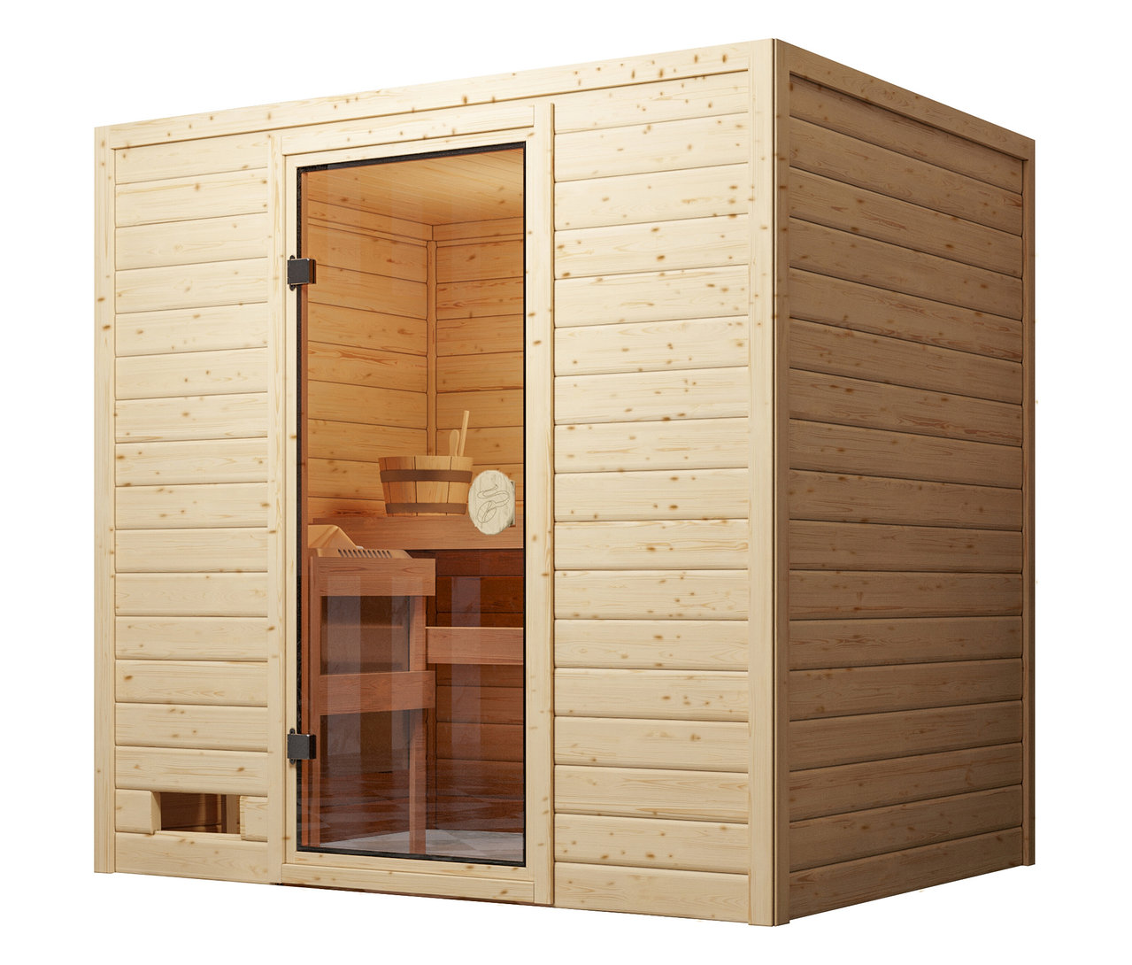 Innenansicht einer Sauna mit Holzverkleidung, Bänken und Glastür.