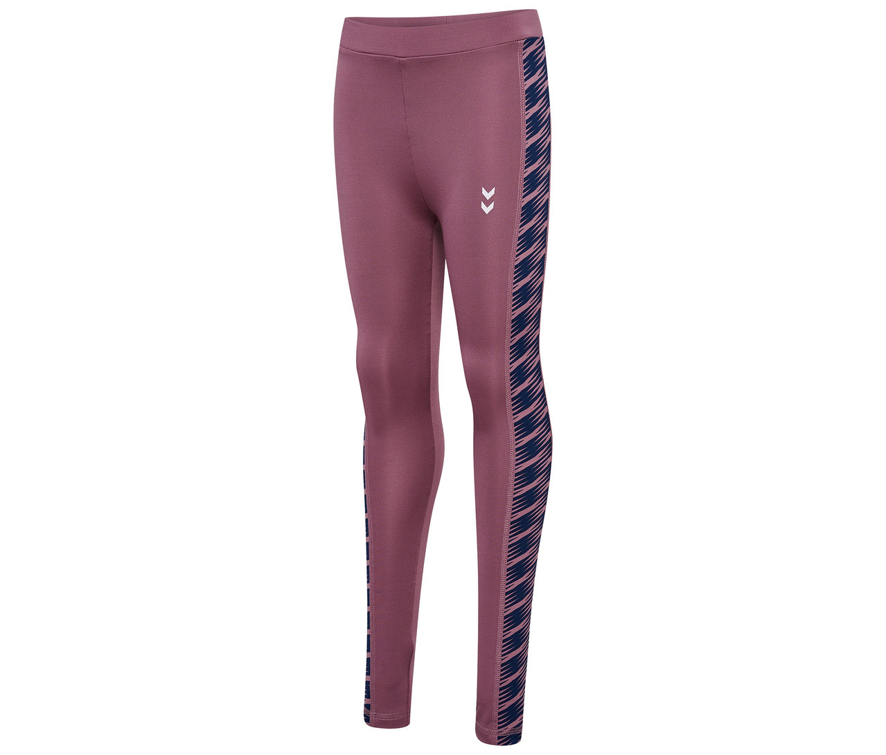 Violette HUMMEL HMLJR Mix Mid Waist Tight Leggings mit blauen Streifen an der Seite.