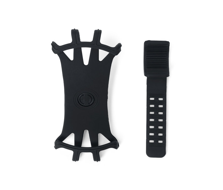 Schwarze Fahrrad-Smartphone-Halterung und ein Band auf weißem Hintergrund.