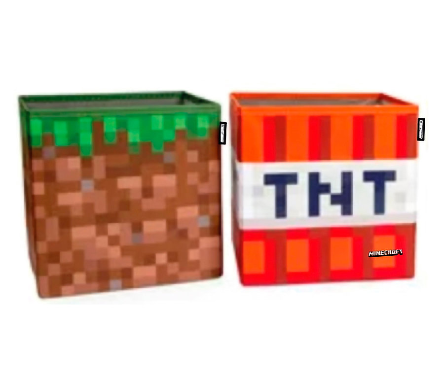 Zwei Minecraft Aufbewahrungsboxen, Grasblock und TNT.