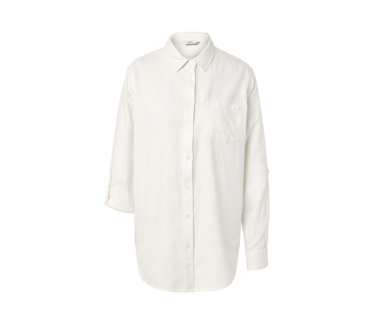 Weisse, lange Leinenbluse mit Knöpfen und Brusttasche.