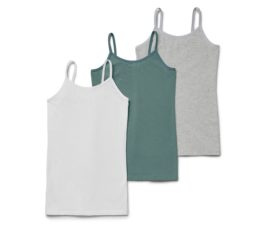 Drei Tanktops: weiß, grün und grau.