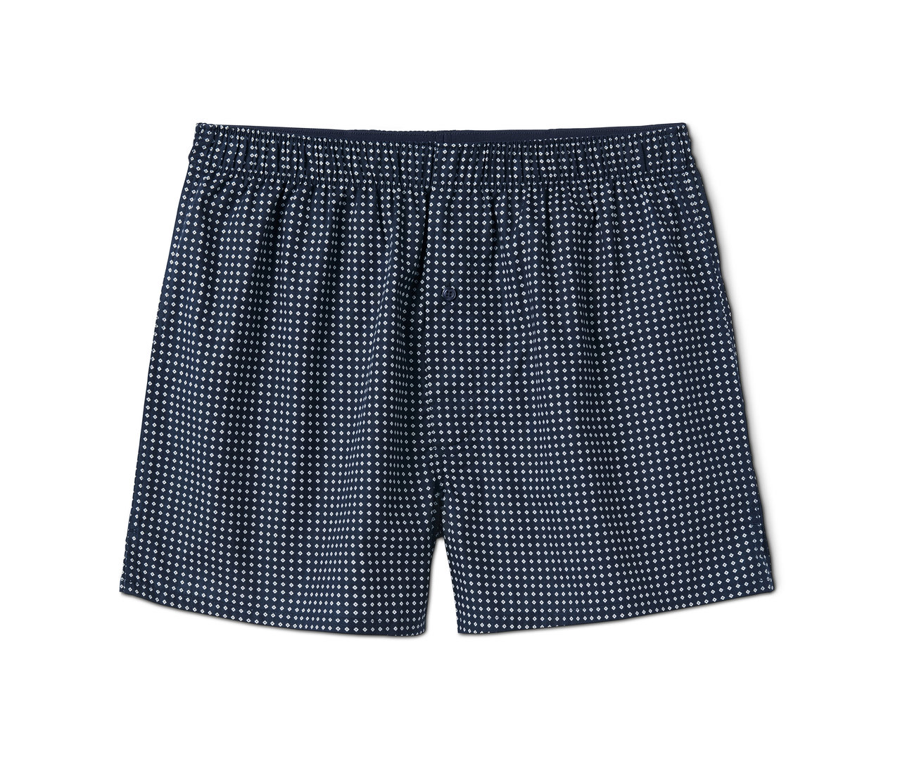 Blaue Web-Boxershorts mit weißem geometrischem Muster.