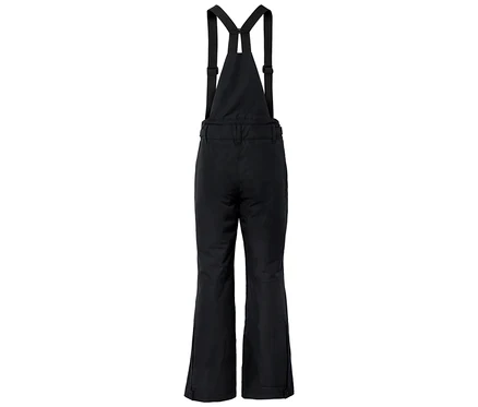 Schwarze Skihose mit Latz auf weißem Hintergrund.
