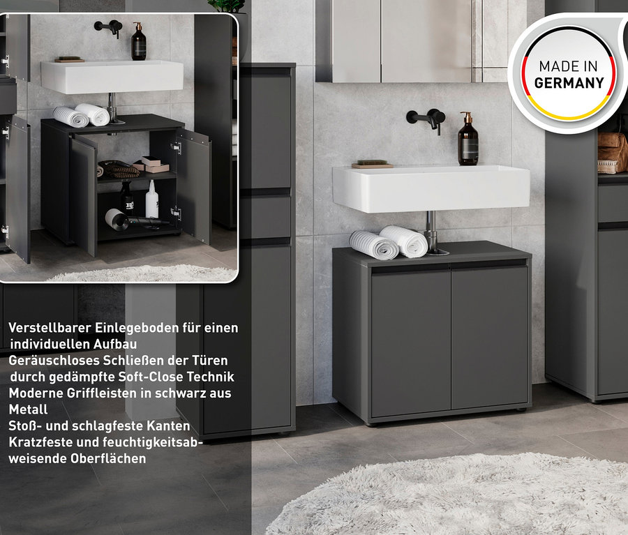 Badezimmer mit Waschbecken und graphitfarbenem Waschbeckenunterschrank »Lemont«.