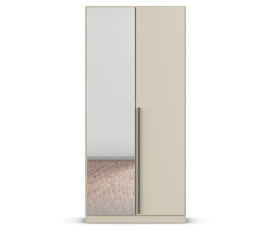Beiger Schrank mit Spiegel auf einer Seite.