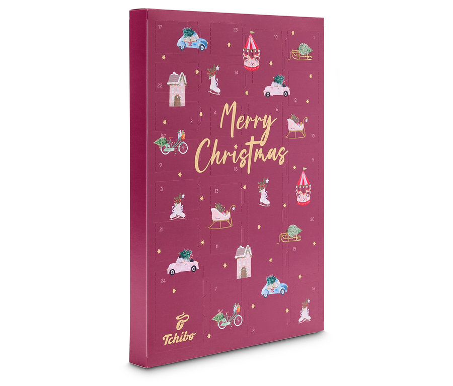 Ein weinroter Adventskalender mit Abbildungen von Autos, Häusern und dem Schriftzug Frohe Weihnachten. Tchibo Adventskalender.