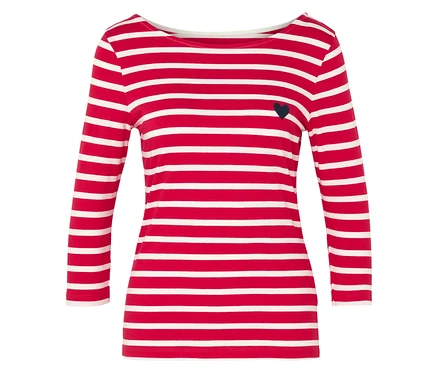 Rot-weiß gestreiftes Langarmshirt mit kleinem schwarzen Herz.