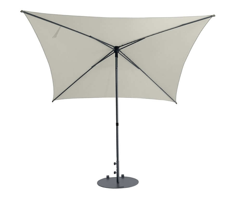 Hellgrauer Leco Marktschirm, 250 x 250 cm, inklusive Abdeckhaube.