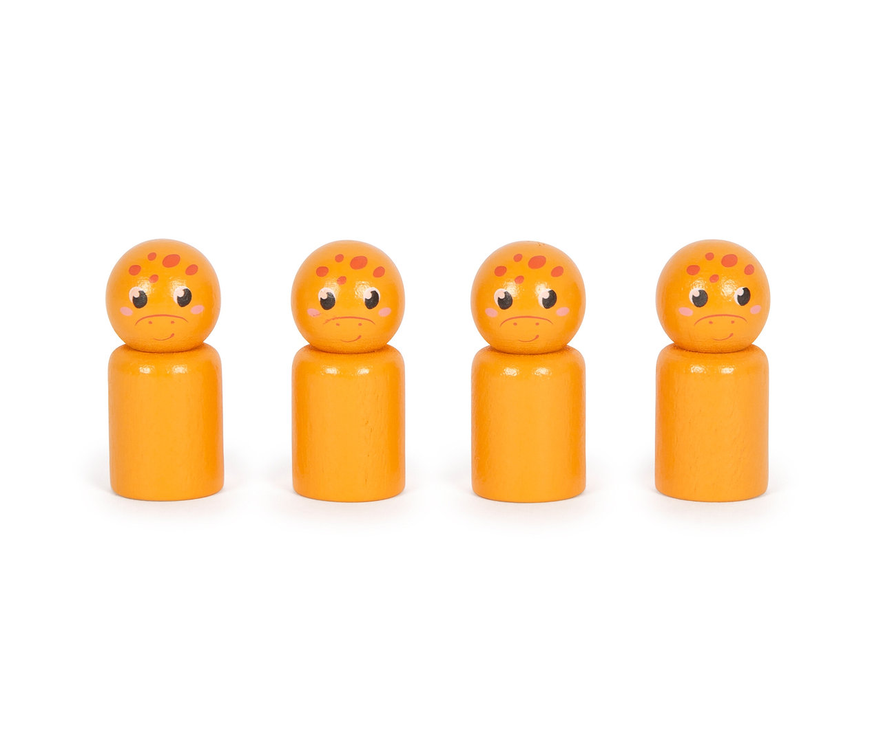 Vier orangefarbene Holzfiguren aus dem »Dino«-Spielset stehen in einer Reihe.