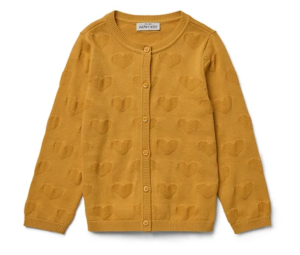 Gelbe Strickjacke mit Knöpfen und erhabenen Herzen.