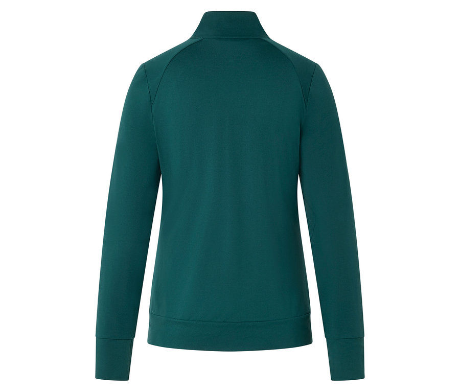 Rückansicht einer smaragdgrünen Jacke mit langen Ärmeln.