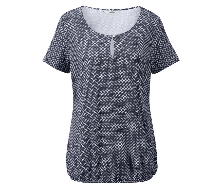 Damen Blusenshirt, kurzärmelig, dunkelblau mit weißem Muster.