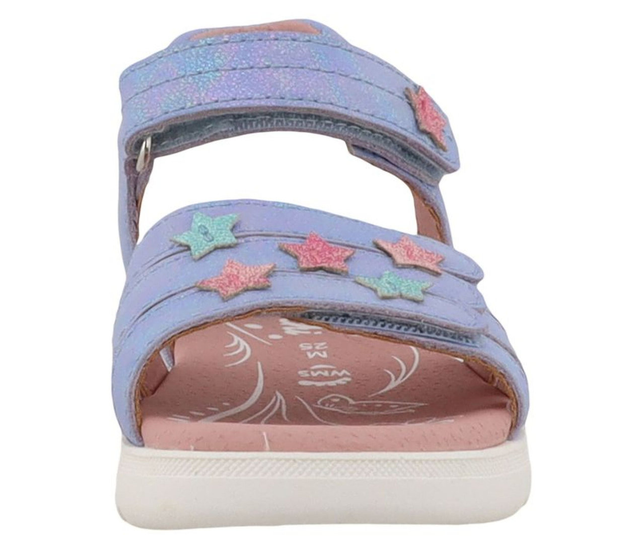 Eine einzelne LURCHI Mädchen-Sandale »Carin« in schimmerndem Blau, mit zwei Klettverschlussriemen. Der vordere Riemen ist mit glitzernden rosa und hellblauen Sternen verziert. Sie hat ein rosa Fußbett und eine weiße Sohle.