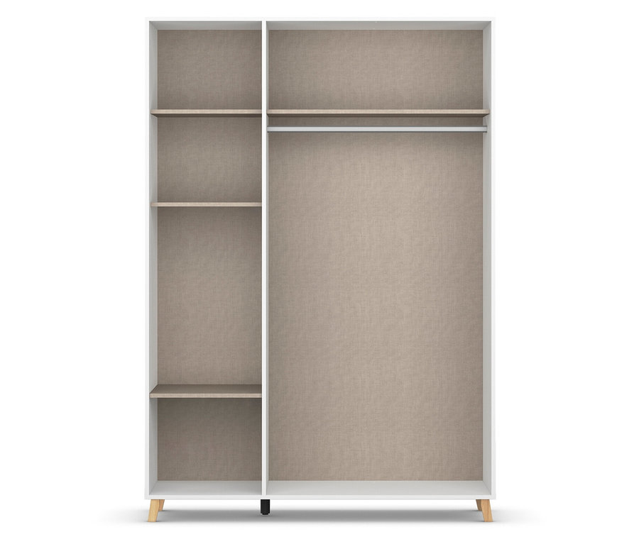Weißer Kleiderschrank mit offenen Regalen und Kleiderstange.