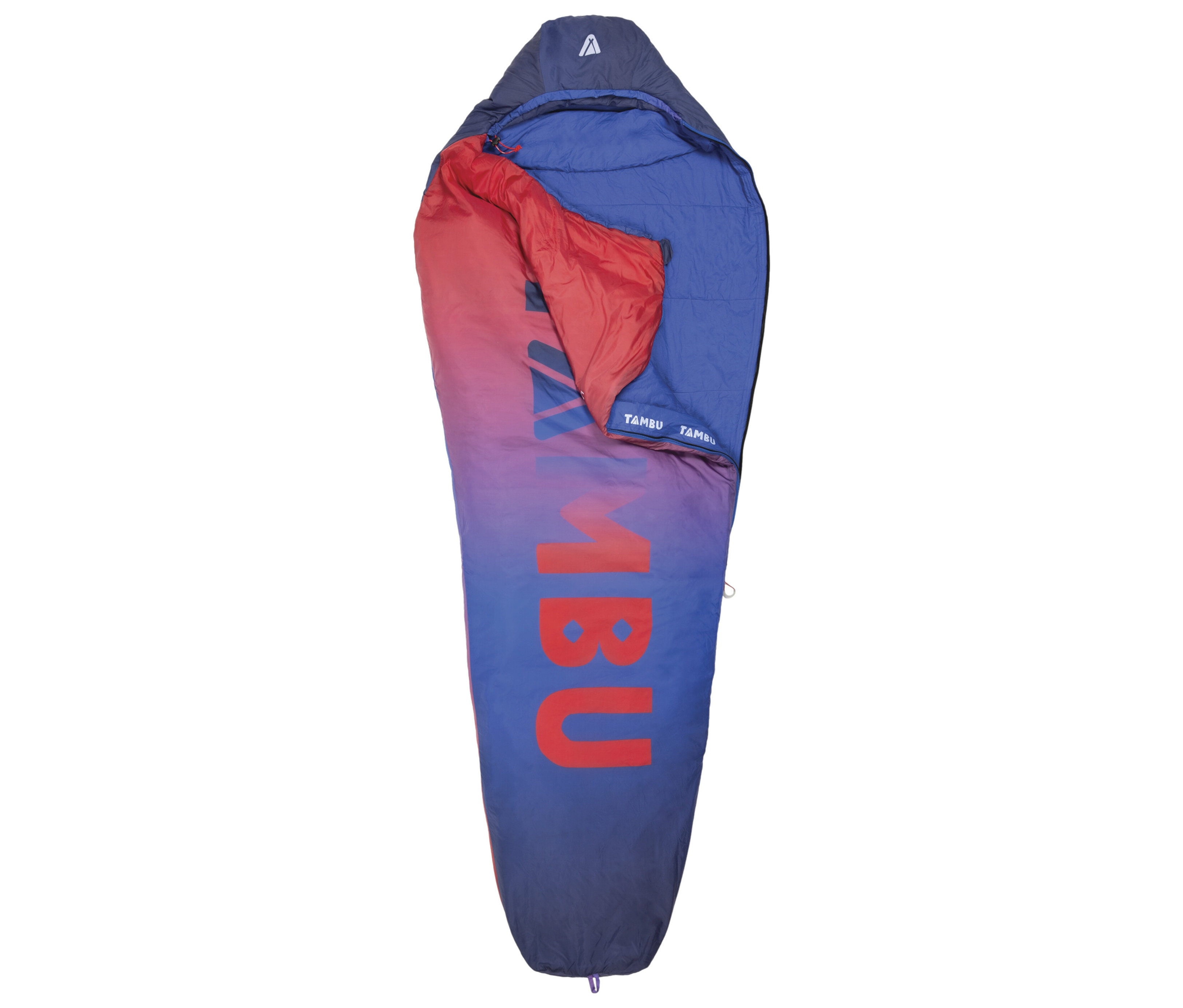 Der geöffnete Tambu Mumienschlafsack »SANGU 600« ist blau mit rotem Innenfutter und großem, blauem TAMBU-Schriftzug.