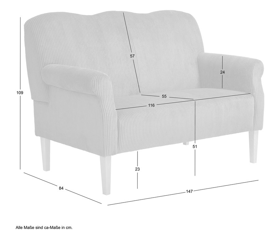 Abbildung eines cremefarbenen Sofas mit Maßen.