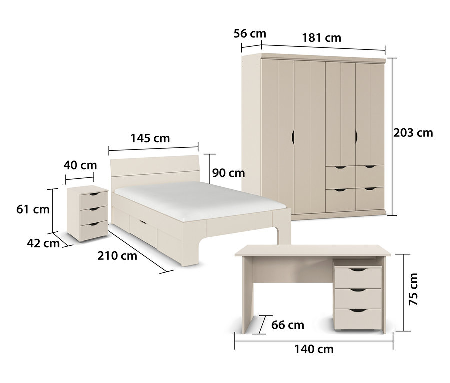 Beige/champagnerfarbenes rauch Set »Frieda« mit Bett, Nachttisch, 4-türigem Kleiderschrank und Schreibtisch.