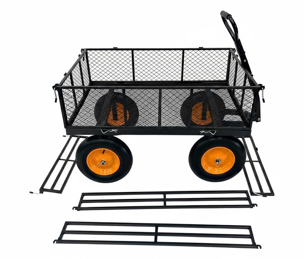 Ein schwarzer Bollerwagen mit orangefarbenen Rädern und einem Gitterkorb.