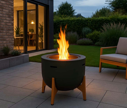 Auf einer Terrasse steht eine schwarze RedFire Feuerschale »Jubilee« mit raucharmer Verbrennung, in der ein Feuer brennt.