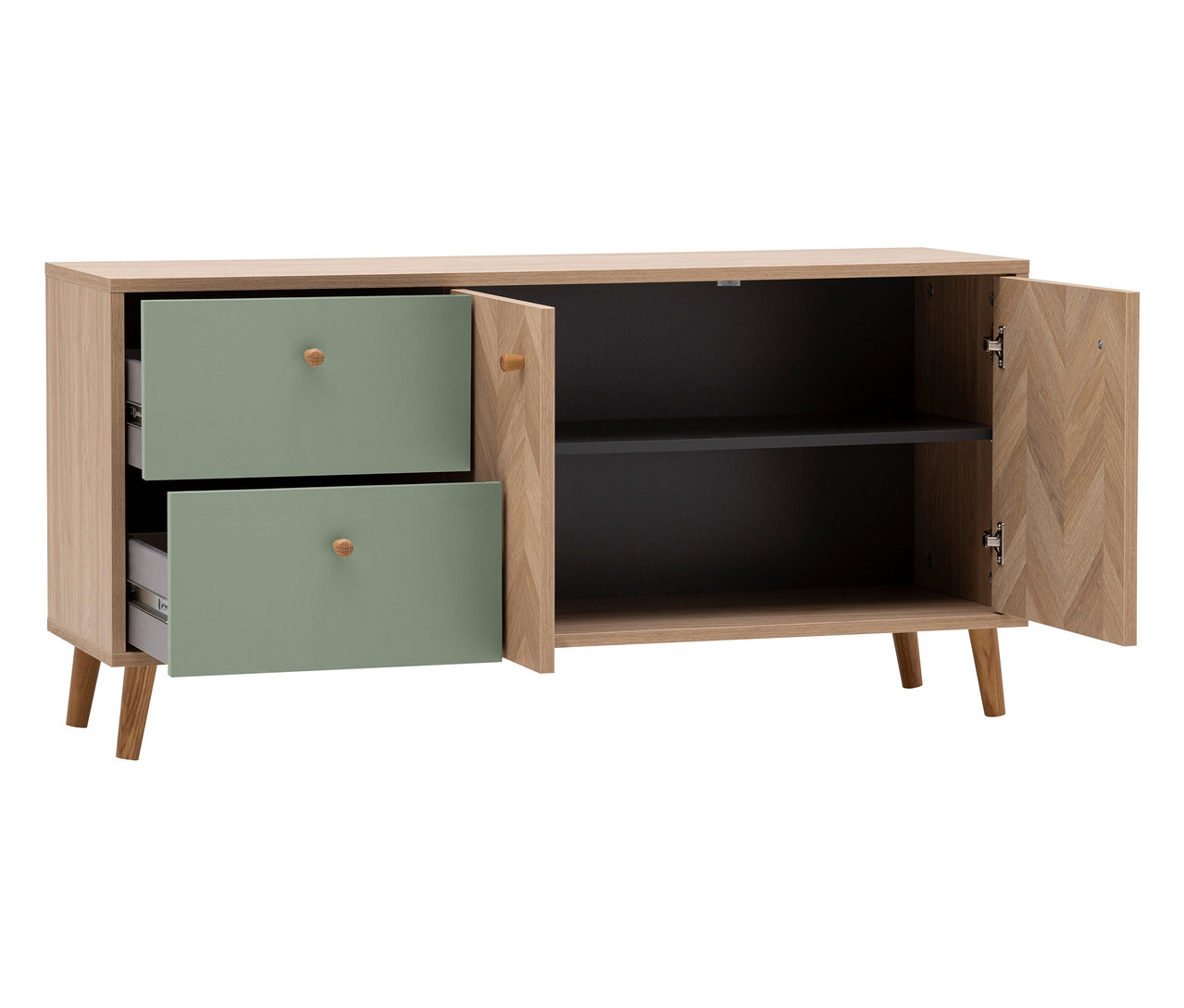 Ein Sideboard mit zwei grünen Schubladen und einer offenen Tür, die ein Regal zeigt.