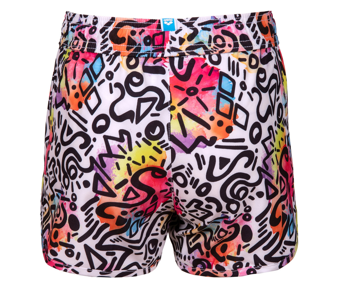 Badehose mit abstraktem Muster in Schwarz, Rosa, Gelb und Blau.