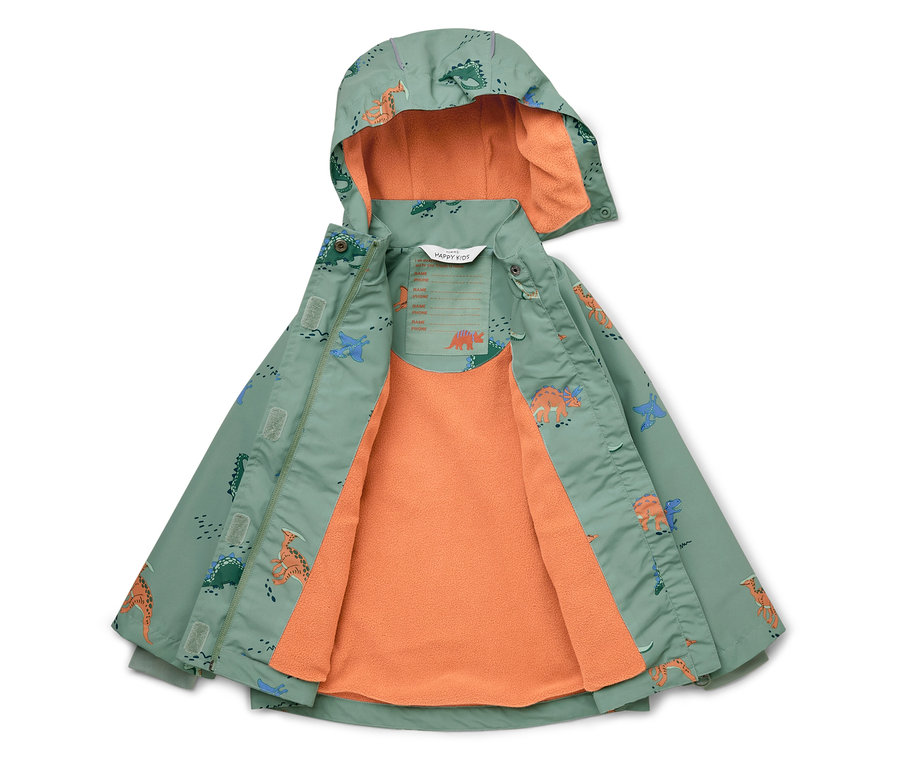 Offene, hellgrüne Kinderjacke mit Dinosaurier-Muster und orangefarbenem Futter.