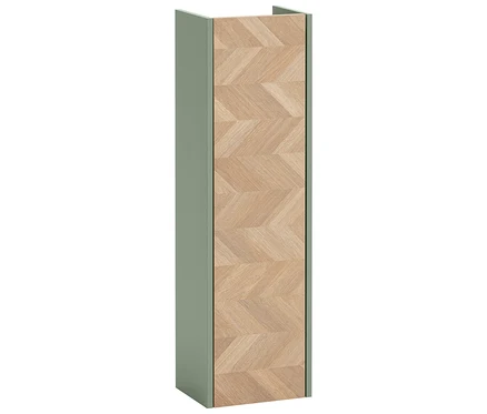 Ein schmaler, hochformatiger Schrank mit einem hellen Holzmuster auf der Tür und einem grünen Rahmen.