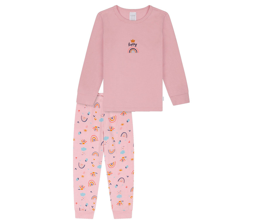 Rosa Pyjama-Set mit Rainbow-Muster, bestehend aus einem langärmligen Oberteil und einer langen Hose.