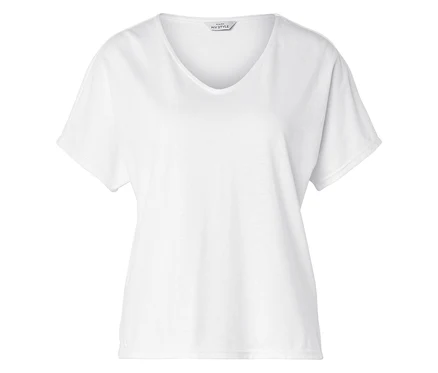 Weißes T-Shirt mit V-Ausschnitt, kurze Ärmel.