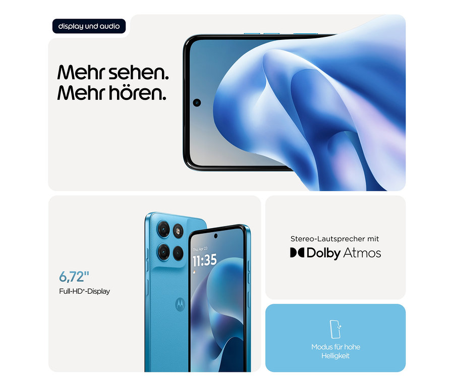 Das blaue Motorola moto g17 LTE mit 128 GB wird mit Display und Rückseite gezeigt.