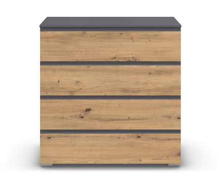 Die rauch Kommode »Joel« mit 3 Schubladen und 1 Nische in Grau Metallic/Eiche Artisan steht vor einem weißen Hintergrund.