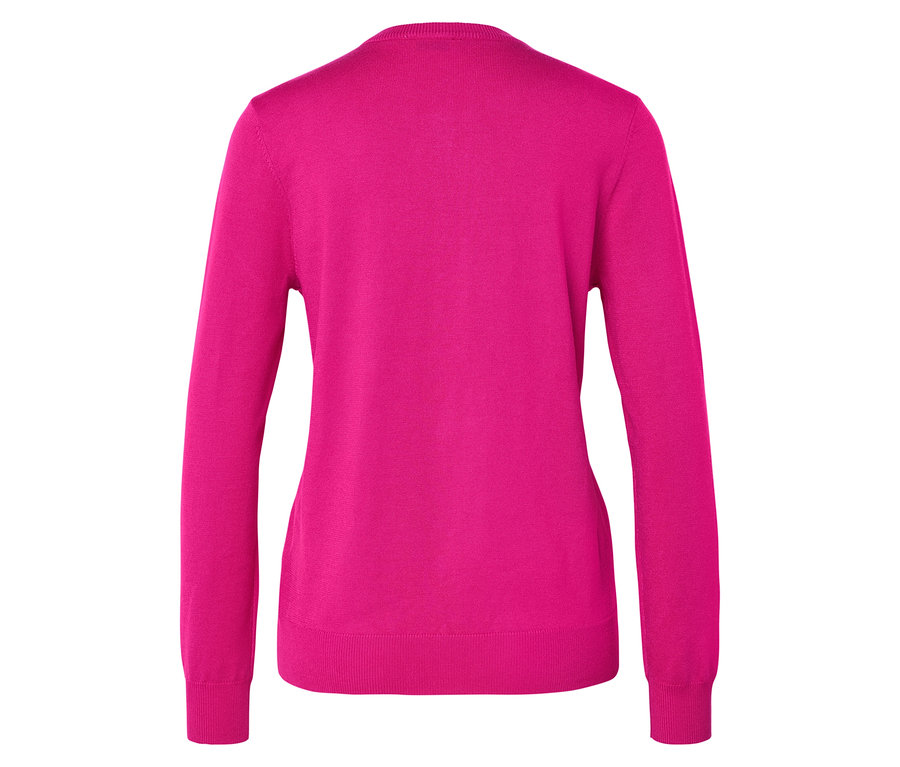 Rückansicht eines pinkfarbenen, langärmeligen Pullovers.