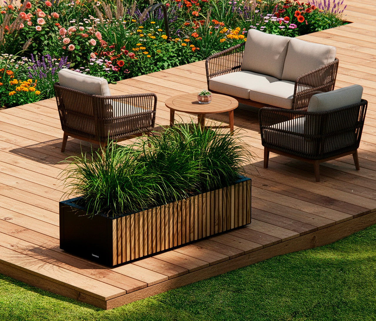 Gartenmöbel-Set auf Holzterrasse mit Blumen im Hintergrund.