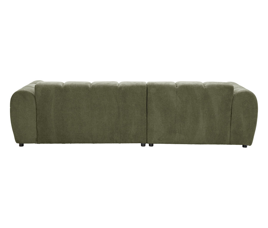 Rückansicht eines modularen Sofas in Olivgrün mit niedrigem Profil.