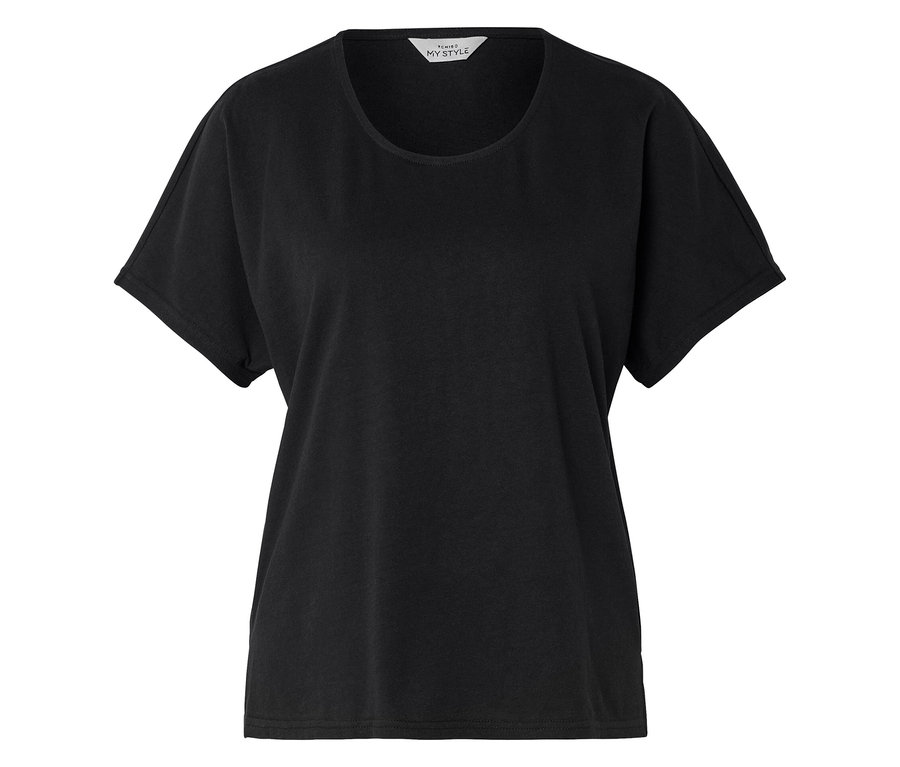 Schwarzes T-Shirt mit kurzen Ärmeln und Rundhalsausschnitt.