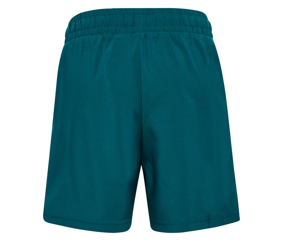 Rückansicht einer türkisfarbenen, kurzen Hose mit elastischem Bund vor einem weißen Hintergrund.