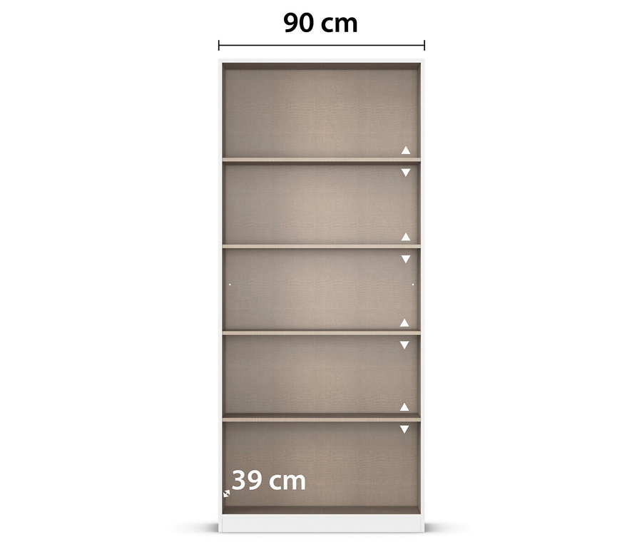 Weißes Bücherregal mit fünf Regalböden, 90 cm breit und 39 cm tief.
