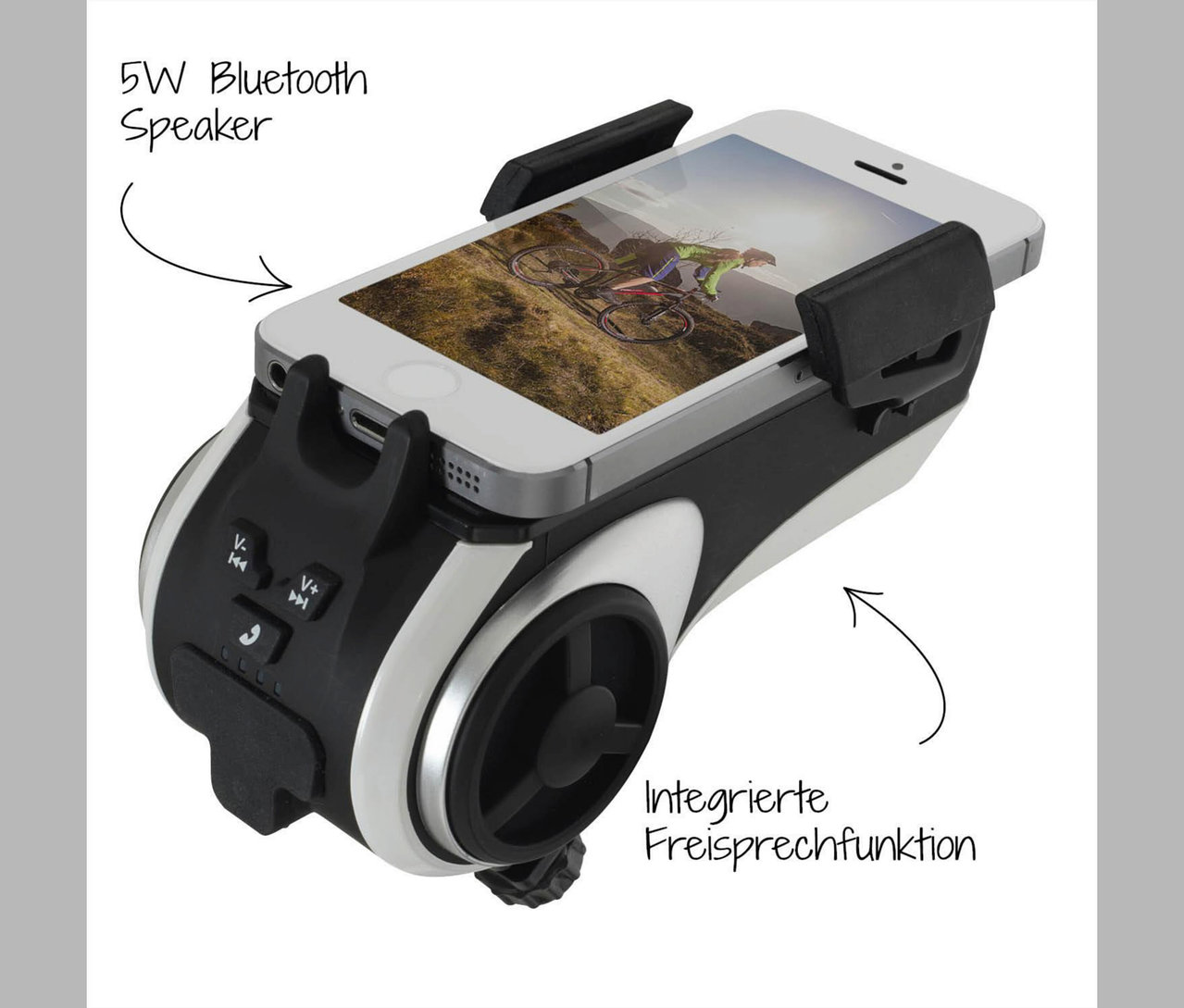 Nahaufnahme eines schwarzen und silbernen 5W Bluetooth Lautsprechers mit integrierter Freisprechfunktion, der ein Smartphone hält, auf dem ein Radfahrer zu sehen ist.