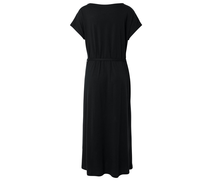 Schwarzes Maxikleid mit kurzen Ärmeln und Gürtel in der Taille, von hinten fotografiert.